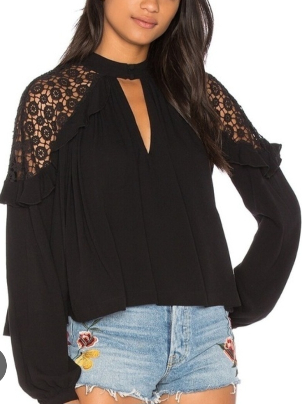 Free People Black Lace-Yoke Long Sleeve Blouse